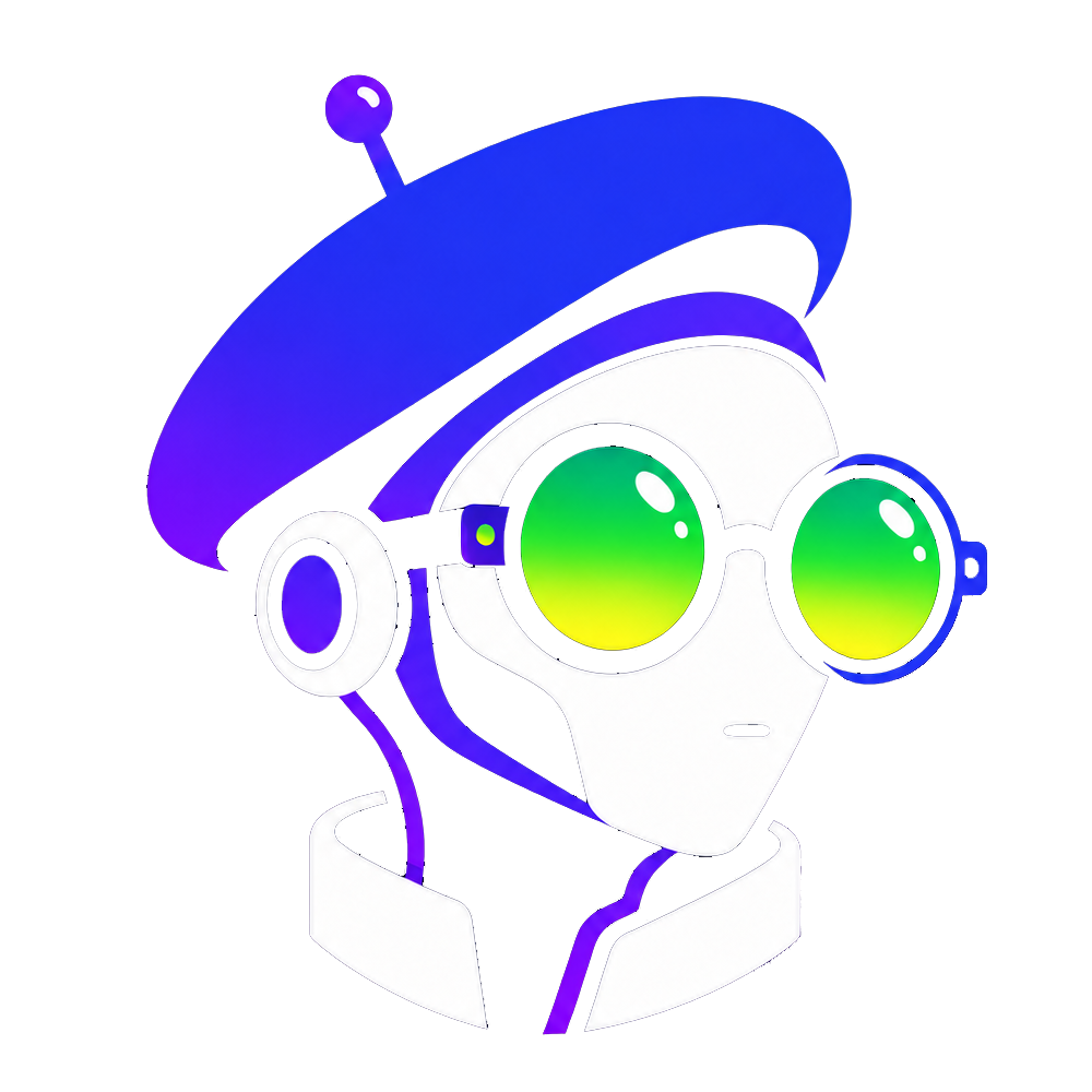 Cervantes, the blue-and-violet robot mascot wearing green glasses